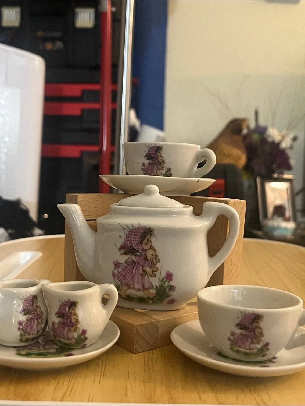 Vintage Japanese Porcelain Children’s Tea Set Mini Girl Purple Dress 9pcs 216